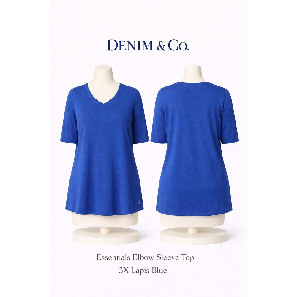 Denim & Co‎ Essentials Elbow Sleeve Top 3X Lapis Blue V-Neck Curved Hem Knit NEW